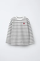 HEART EMBROIDERED PATCH STRIPED T-SHIRT