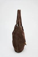 RUCHED SPLIT LEATHER BUCKET BAG