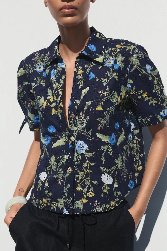 EMBROIDERED EYELET PRINTED SHIRT