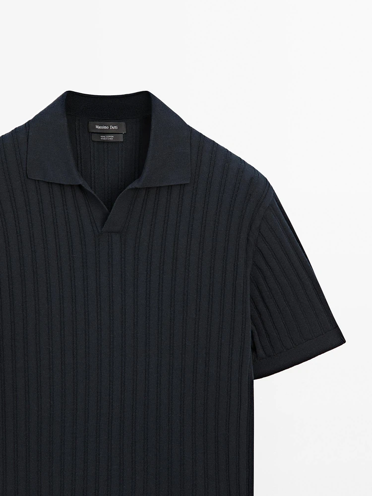 Ribbed knit polo collar sweater