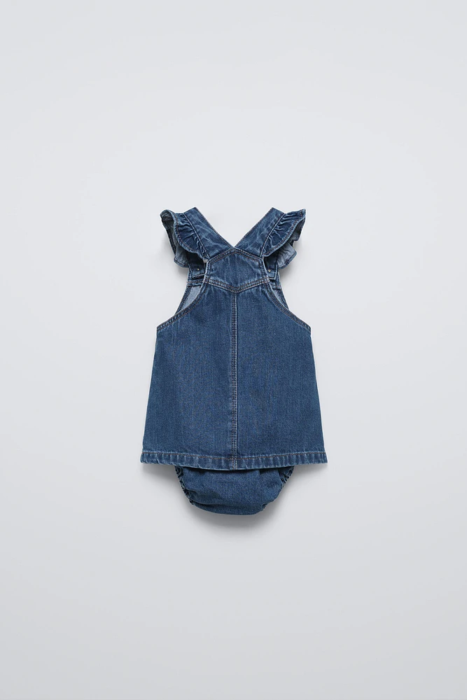 DENIM PINAFORE DRESS AND BOTTOMS