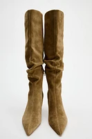 RUCHED SPLIT LEATHER HEELED BOOTS