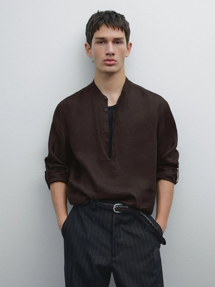 100% linen stand-up collar shirt
