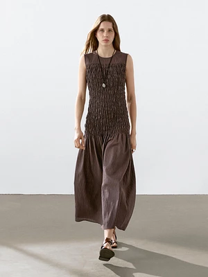 Long flounce dress with gathered detail