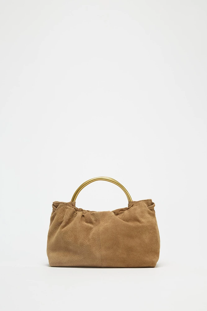 SPLIT LEATHER MINI BOWLING BAG WITH METAL HANDLE
