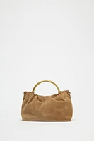 SPLIT LEATHER MINI BOWLING BAG WITH METAL HANDLE