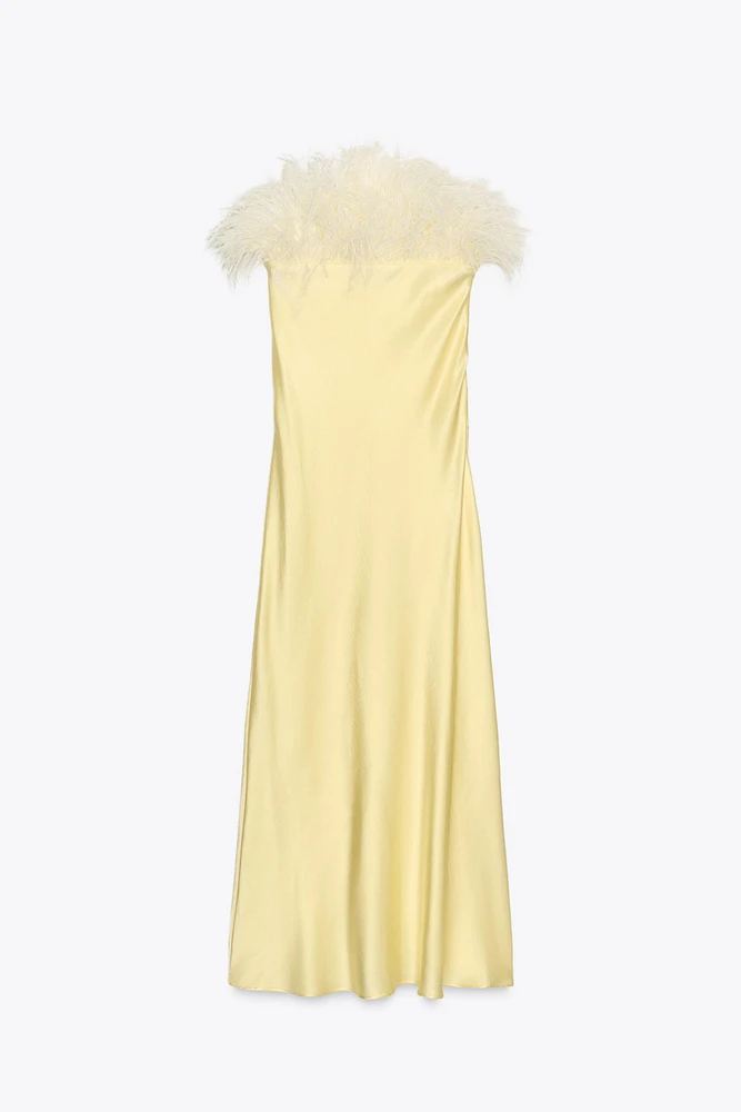 FEATHERED SATIN MIDI DRESS
