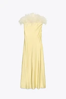 FEATHERED SATIN MIDI DRESS