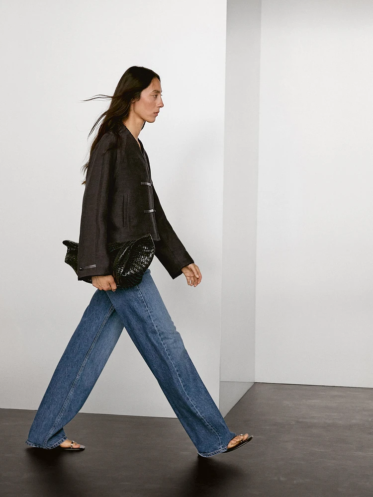 Veste fermeture fantaisie cuir et lin