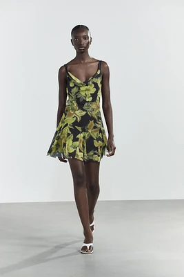 PRINTED TULLE SHORT DRESS