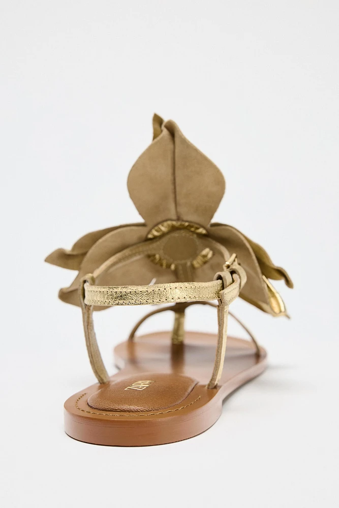FLOWER FLAT LEATHER SANDALS