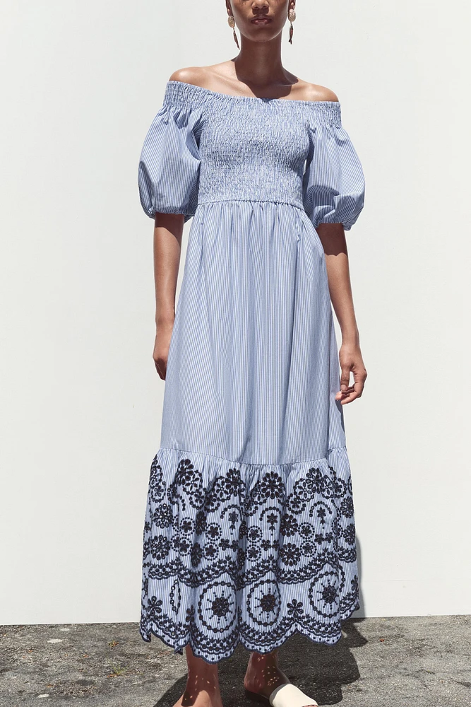 STRIPED EMBROIDERED MIDI DRESS