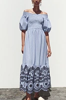 STRIPED EMBROIDERED MIDI DRESS