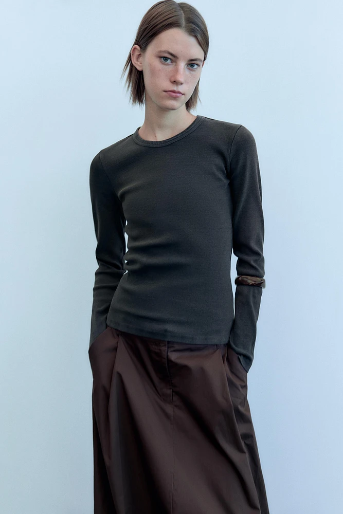 T-SHIRT RIB EFFET DÉLAVÉ MANCHES LONGUES