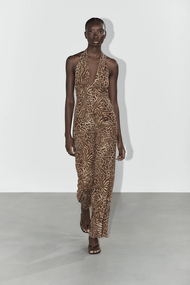 ANIMAL PRINT TULLE HALTER JUMPSUIT