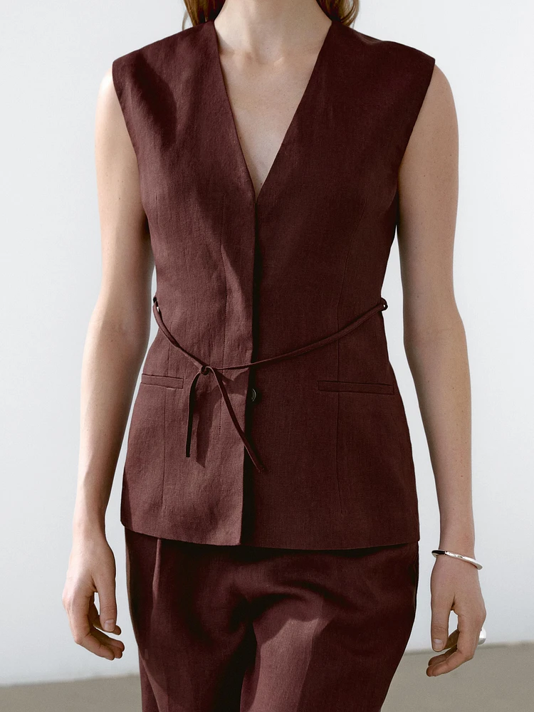 Veste longue sans manches rubans 100 % lin