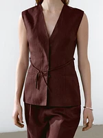 Veste longue sans manches rubans 100 % lin