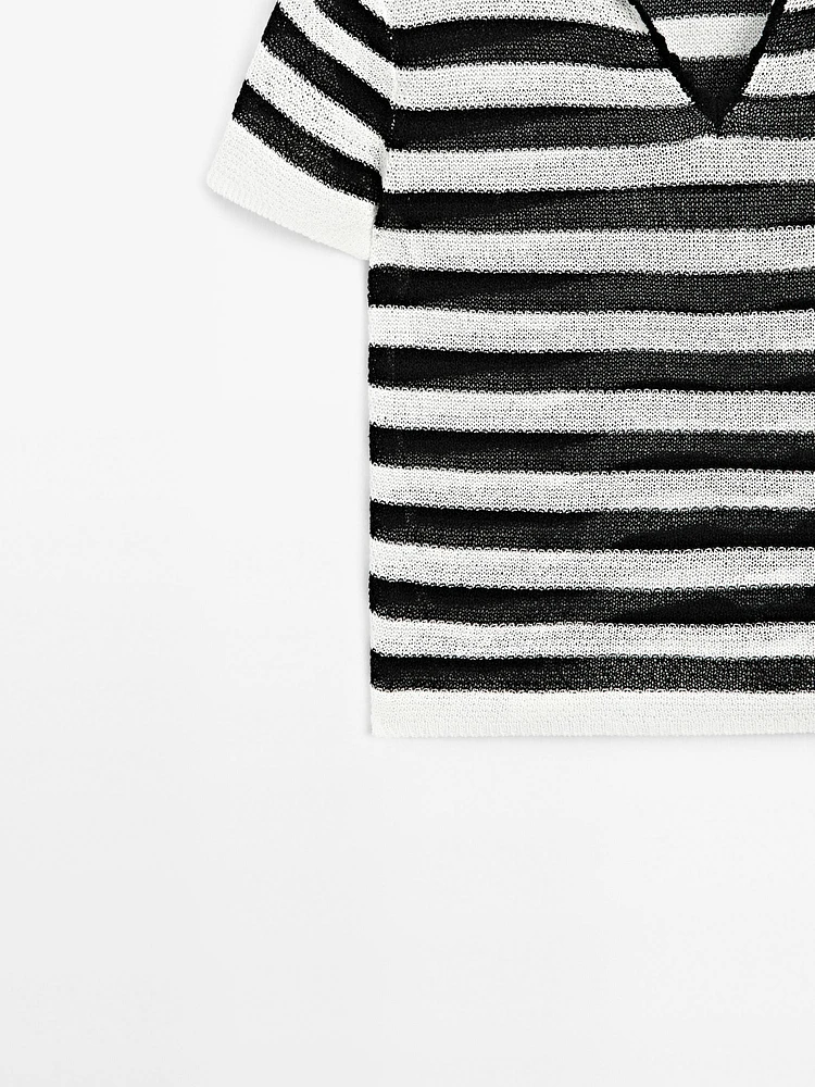 Striped cotton blend polo sweater