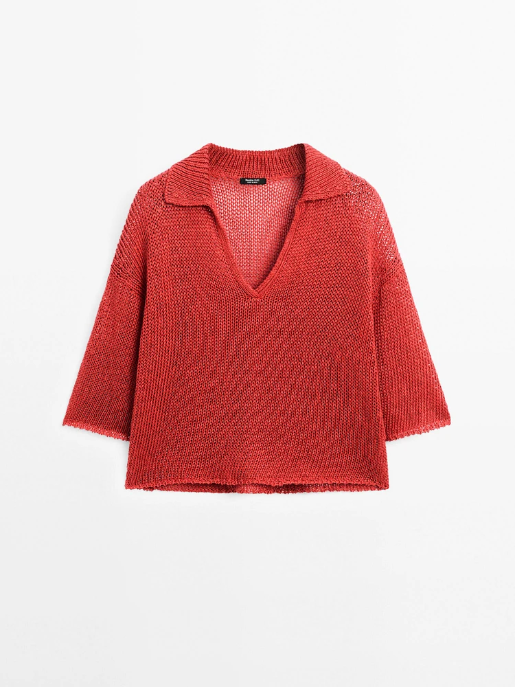 Pull en maille ajourée à col polo - Studio