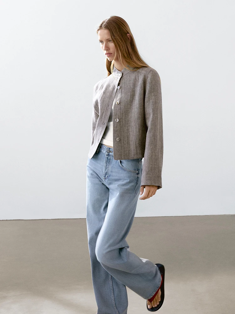 Short linen jacket with stand collar