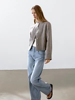 Short linen jacket with stand collar