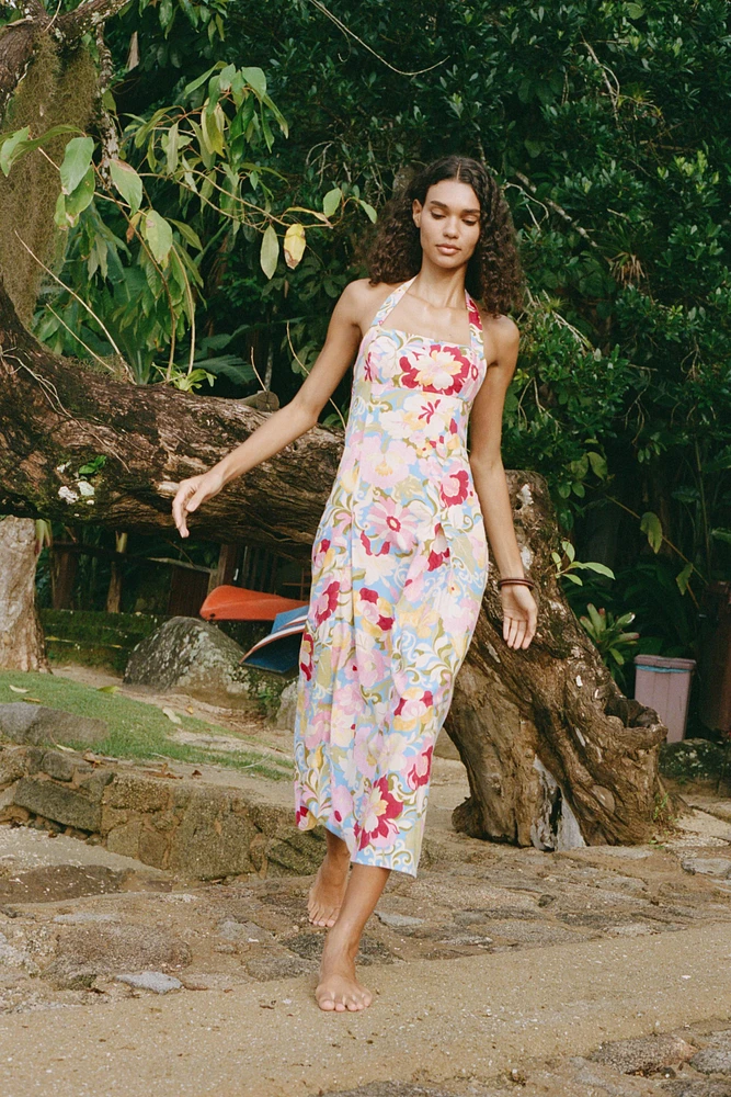 PRINTED LINEN MIDI DRESS
