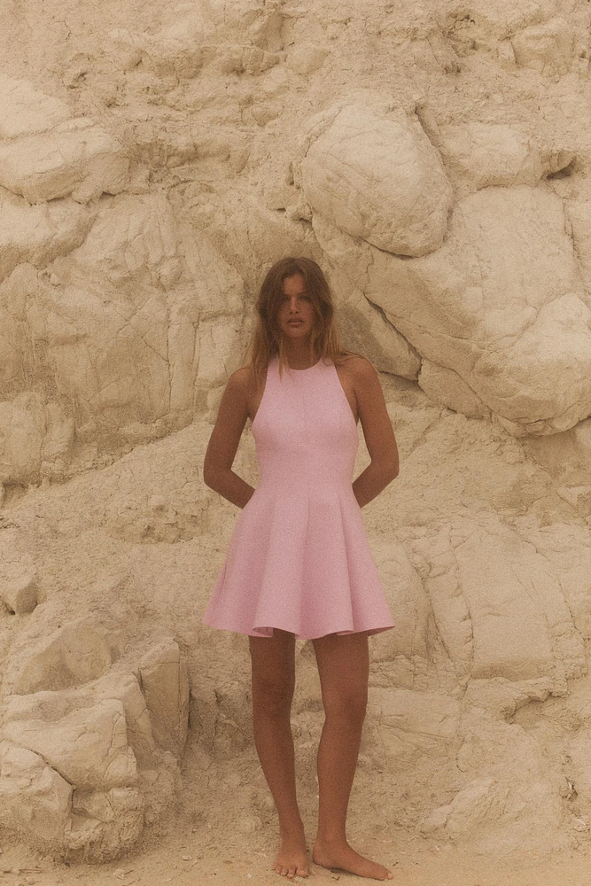 SHORT HALTER GODET DRESS
