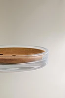 GLASS AND WOOD BATHROOM SOAP DISH