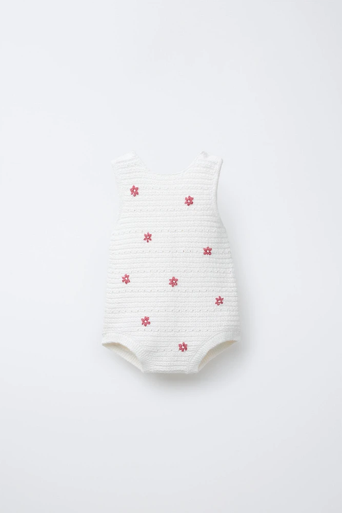 EMBROIDERED FLORAL KNIT ROMPER