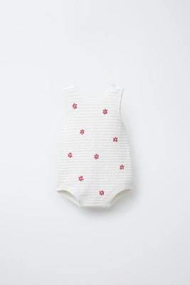 EMBROIDERED FLORAL KNIT ROMPER