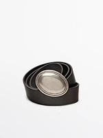 Leather belt with oval plate buckle