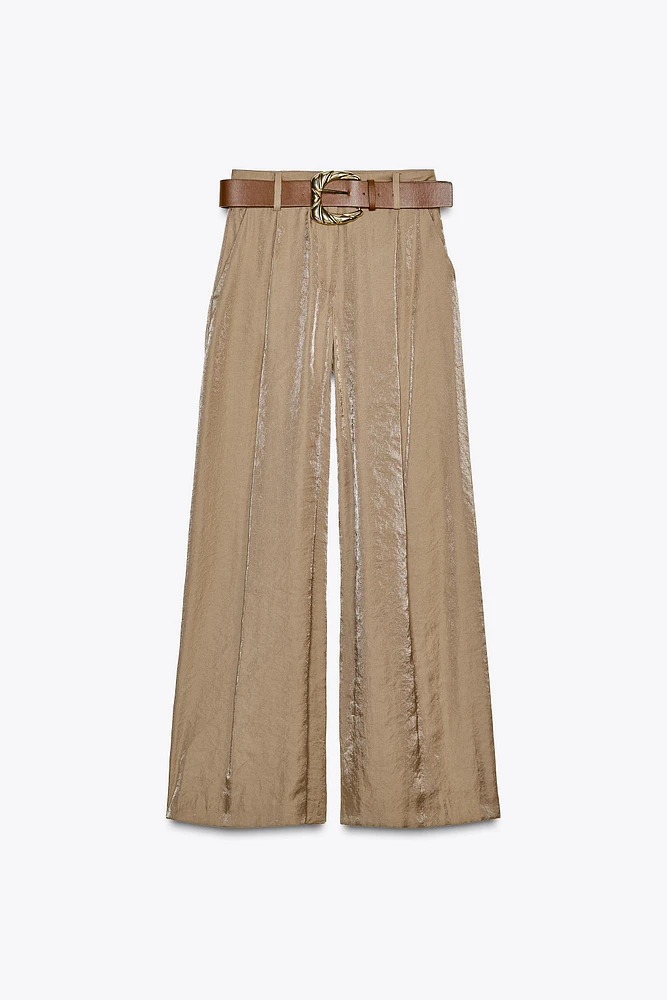 BELTED SATIN WIDE LEG PANTS