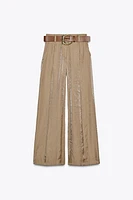 BELTED SATIN WIDE LEG PANTS