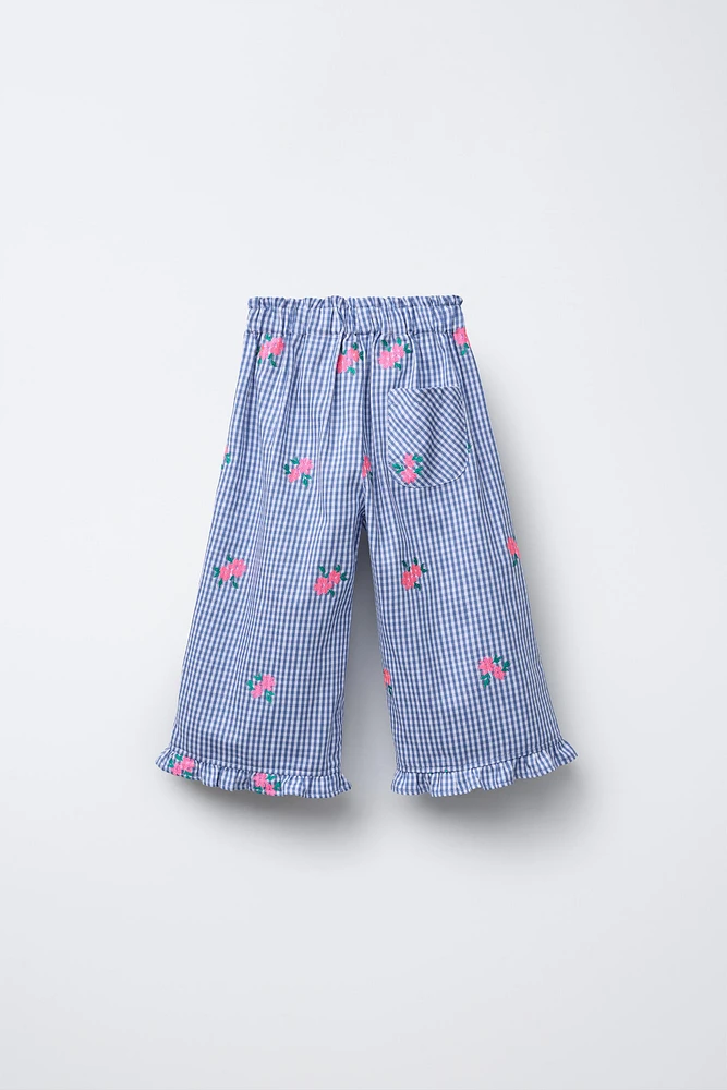 JUPE-CULOTTE À CARREAUX BRODÉE DE FLEURS