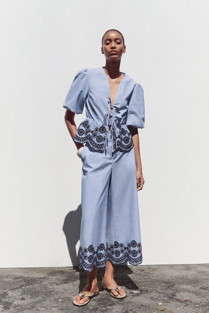 PANTALON JUPE-CULOTTE RAYURES BRODÉES