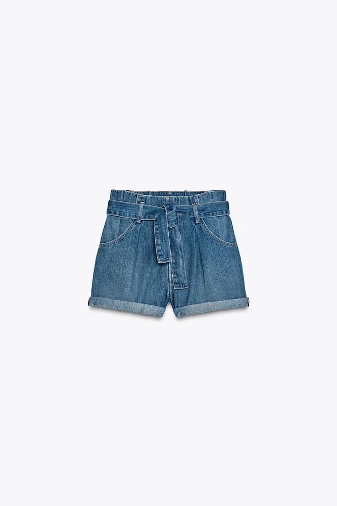 HIGH-WAISTED TRF DENIM PAPER BAG SHORTS