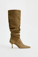 RUCHED SPLIT LEATHER HEELED BOOTS