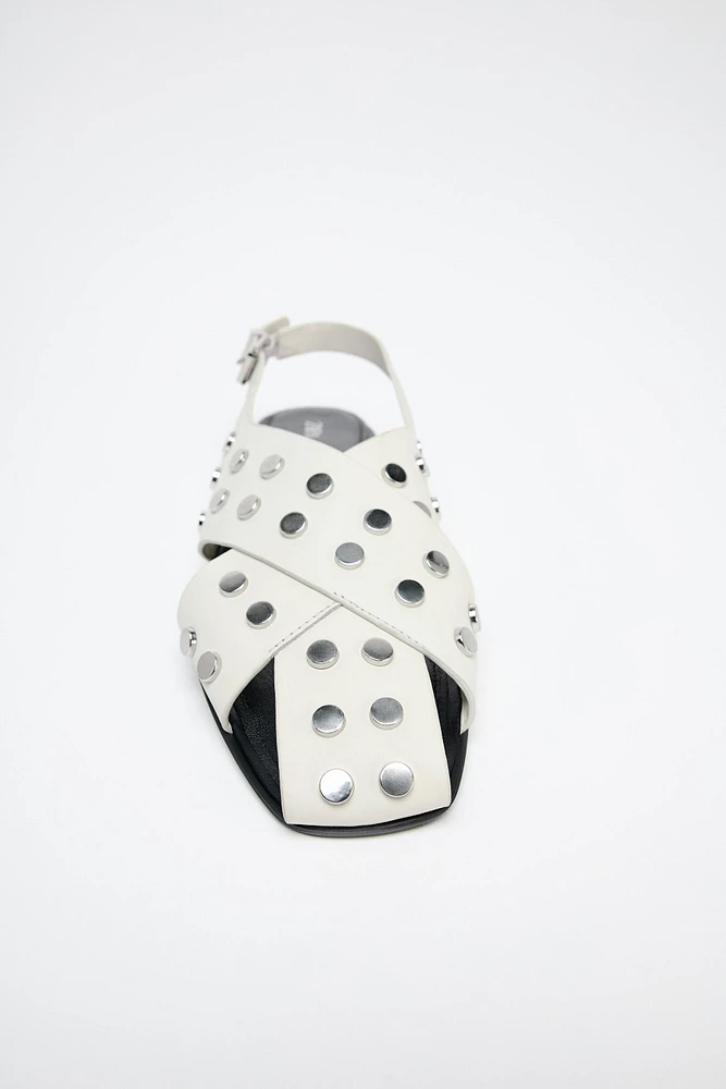 FLAT STUDDED LEATHER CAGE SANDALS