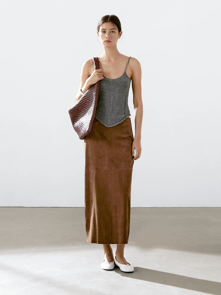 Jupe midi en cuir effet daim