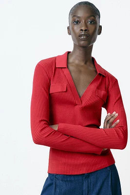 RIBBED POLO NECK T-SHIRT