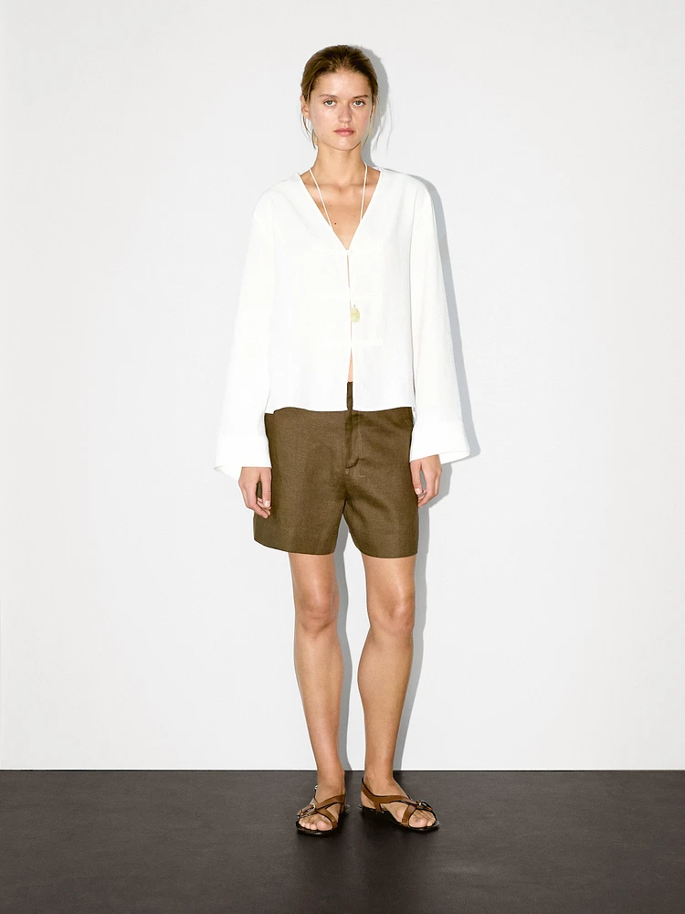 Flowing linen blend kimono-style blouse