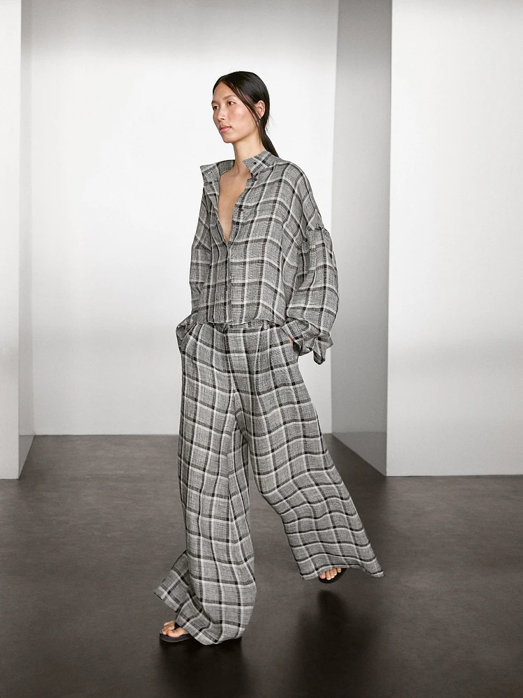 Pantalon palazzo à carreaux 100 % lin