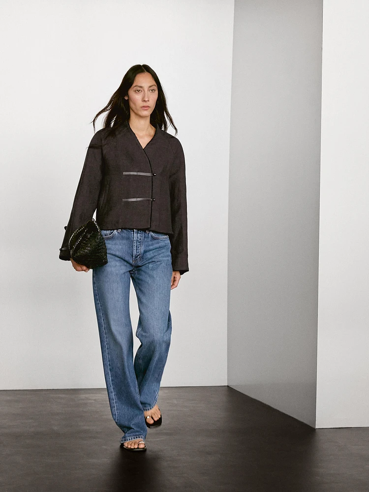 Veste fermeture fantaisie cuir et lin