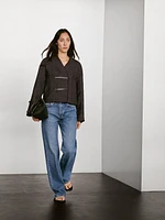Veste fermeture fantaisie cuir et lin