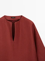 Blouse à col en V 100 % lin