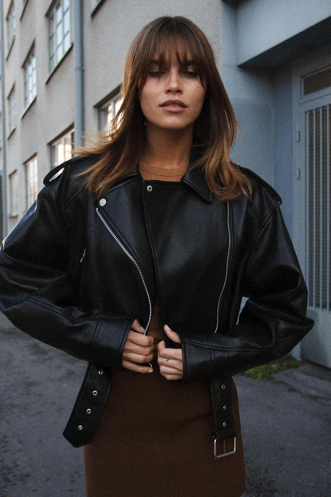 FAUX LEATHER CROP BIKER JACKET