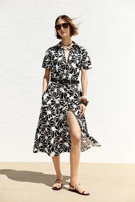ROBE MIDI EN POPELINE IMPRIMÉE CEINTURE