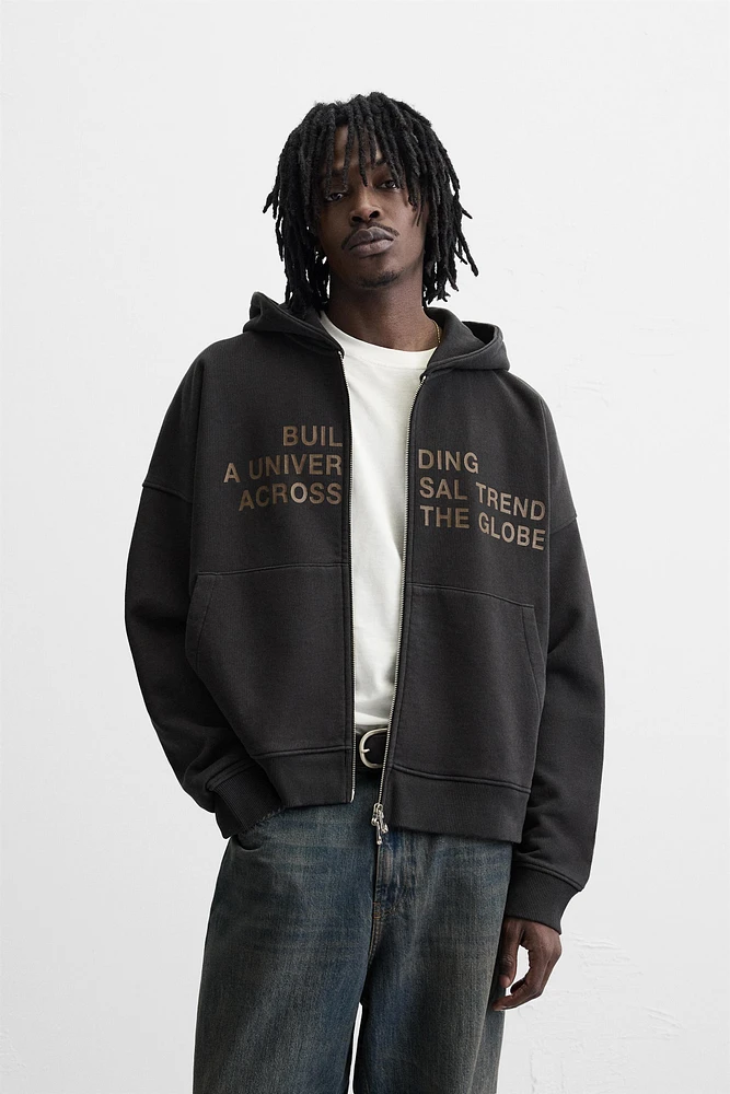 WASHED ZIP-UP TEXT HOODIE