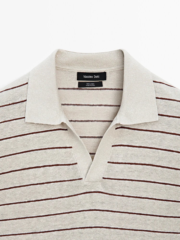 100% linen striped knit polo shirt