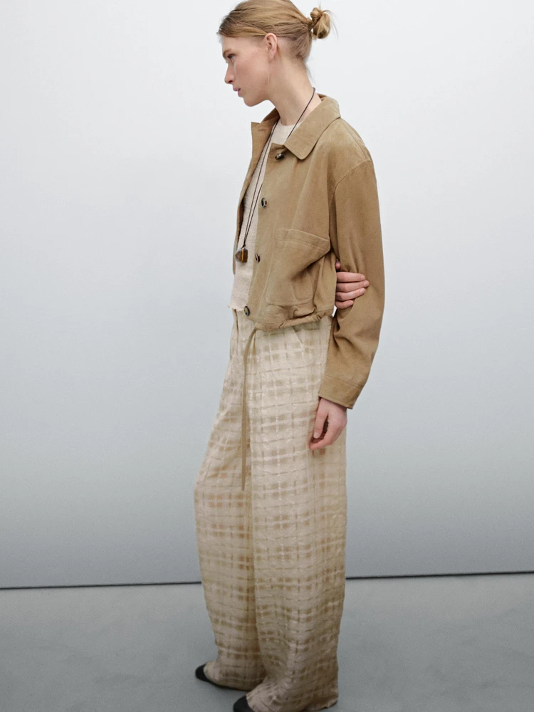 Flowing linen blend check trousers